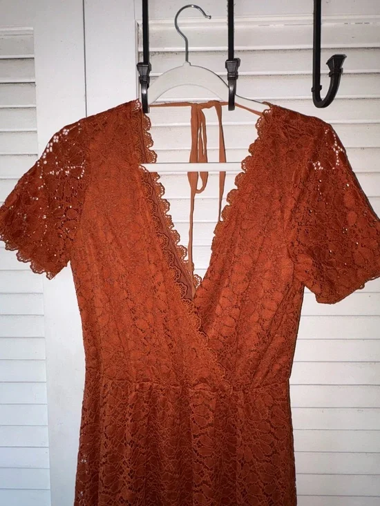 NWT Baltic Born Venice Lace Maxi Dress Rust Orange V-Neck Tie Back Boho Small - Picture 3 of 5